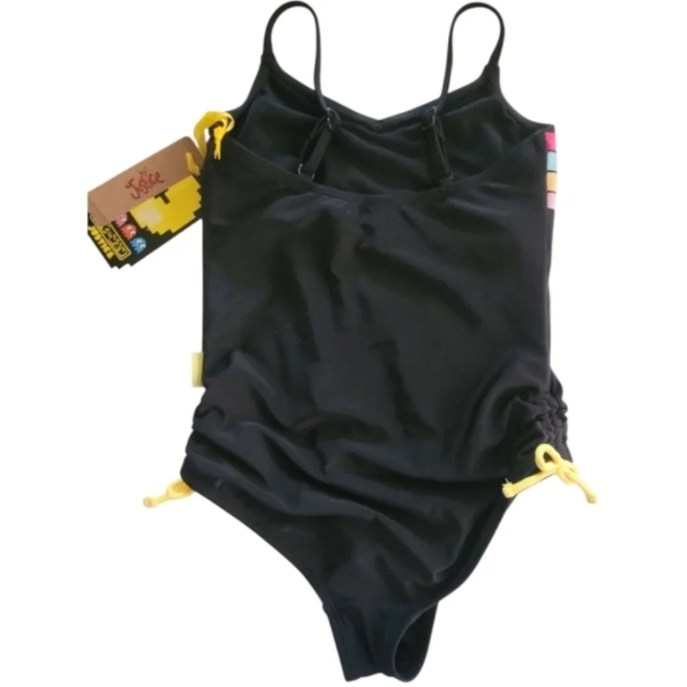 Justice Pac Man Black and Pink Striped 80s Retro Swimsuit Size Small Girls